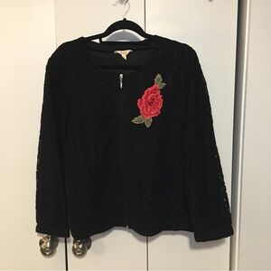 ADIVA Lace Zip Up Jacket with Embroidered Flower 🌺 Black Size 1X Preowned